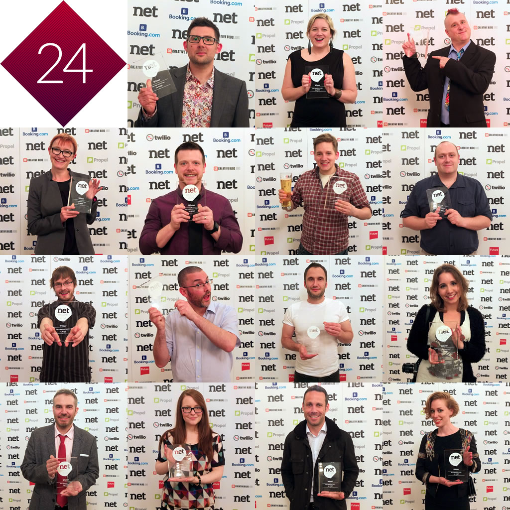 A montage of 24 ways authors posing with our Net Award trophy