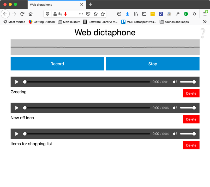 An image of the Web dictaphone sample app - a sine wave sound visualisation, then record and stop buttons, then an audio jukebox of recorded tracks that can be played back.