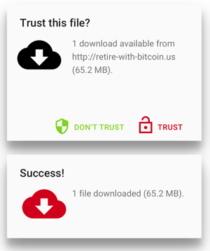 An alert with a download icon asking the user whether to trust this file, followed by an alert with a red download icon saying 'success'