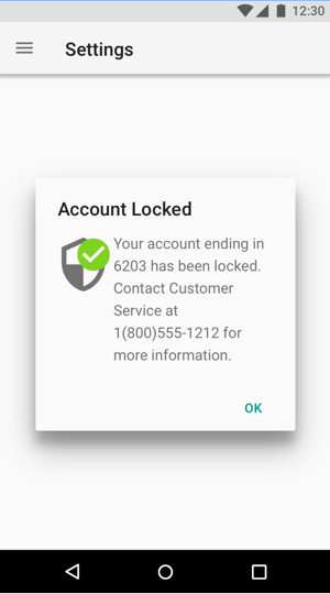 An alert with a shield icon with a green tick that says 'account locked'.